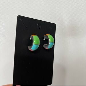 Vintage Multi Color Stone 925 Mexico Silver Chunky Mini Hoop Earrings